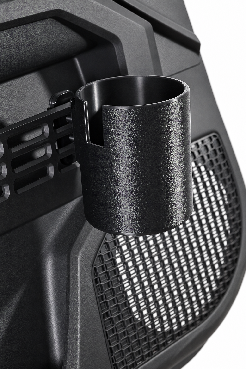 A black textured plastic cup holder mounted on a Toyota door panel, shown against a white background.