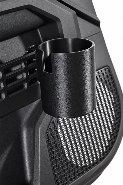 A black textured plastic cup holder mounted on a Toyota door panel, shown against a white background.