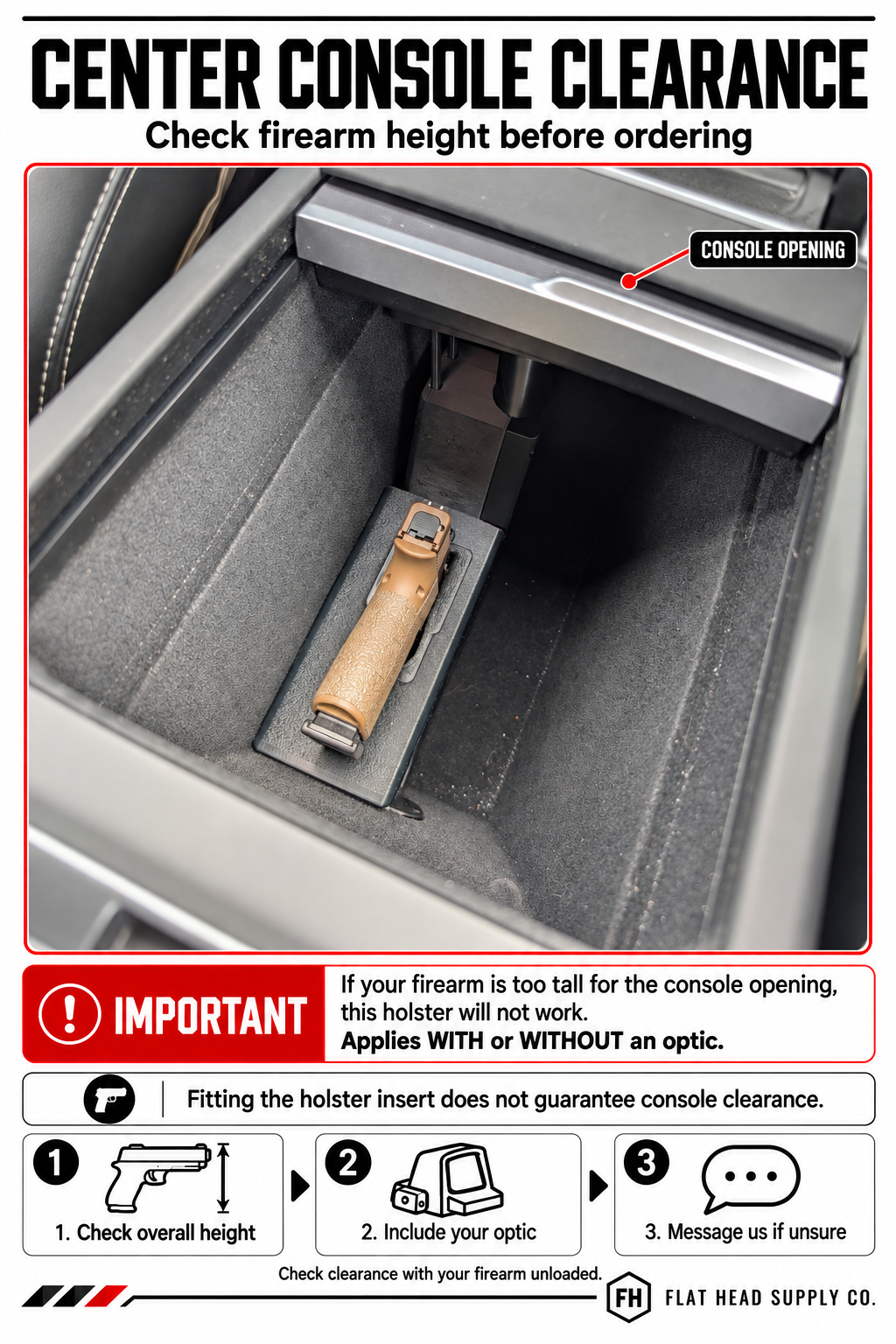 An informational graphic for Flat Head Supply Co. showing a firearm inserted into a car console opening, with text explaining that the image checks firearm height before ordering and includes a fitting diagram at the bottom.