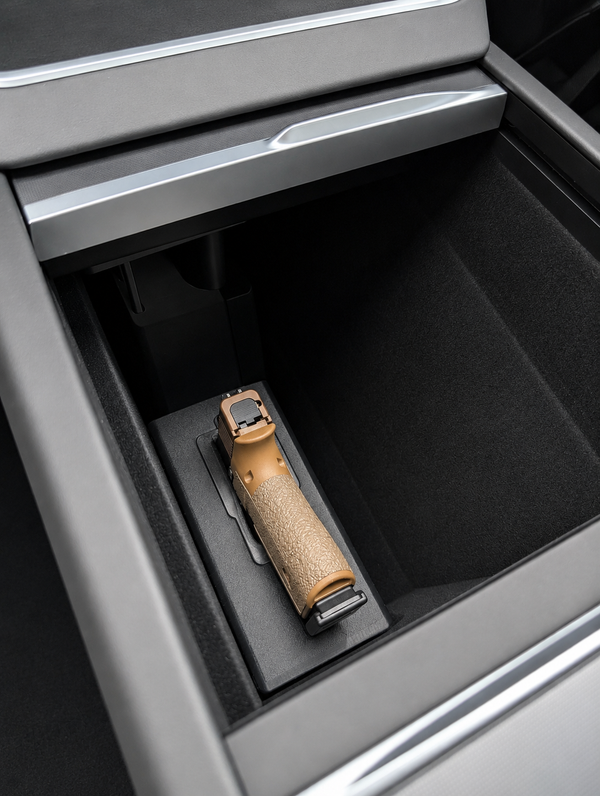 A custom fit holster for tesla model y 25+ that conceals in the center console